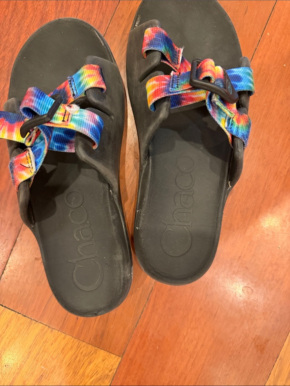 Chaco Kids Black Sandals with Rainbow Tie-Dye Straps